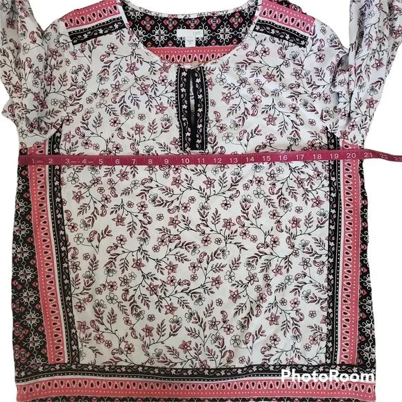 J.Jill Women's Border Floral Print Long Sleeve Peasant Top Black/Pink Sz Medium - Picture 9 of 13